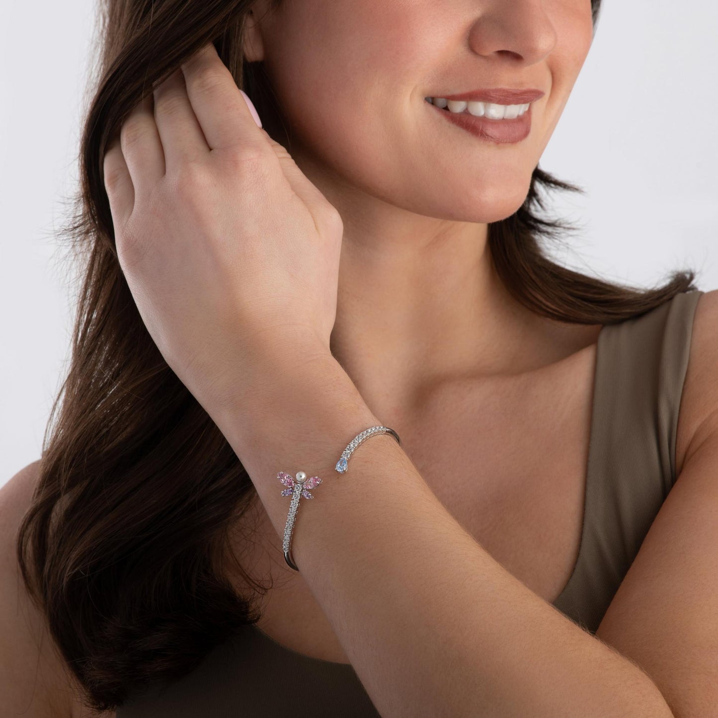 Silver Crystal Pearl and Cubic Zirconia Dragonfly Bangle