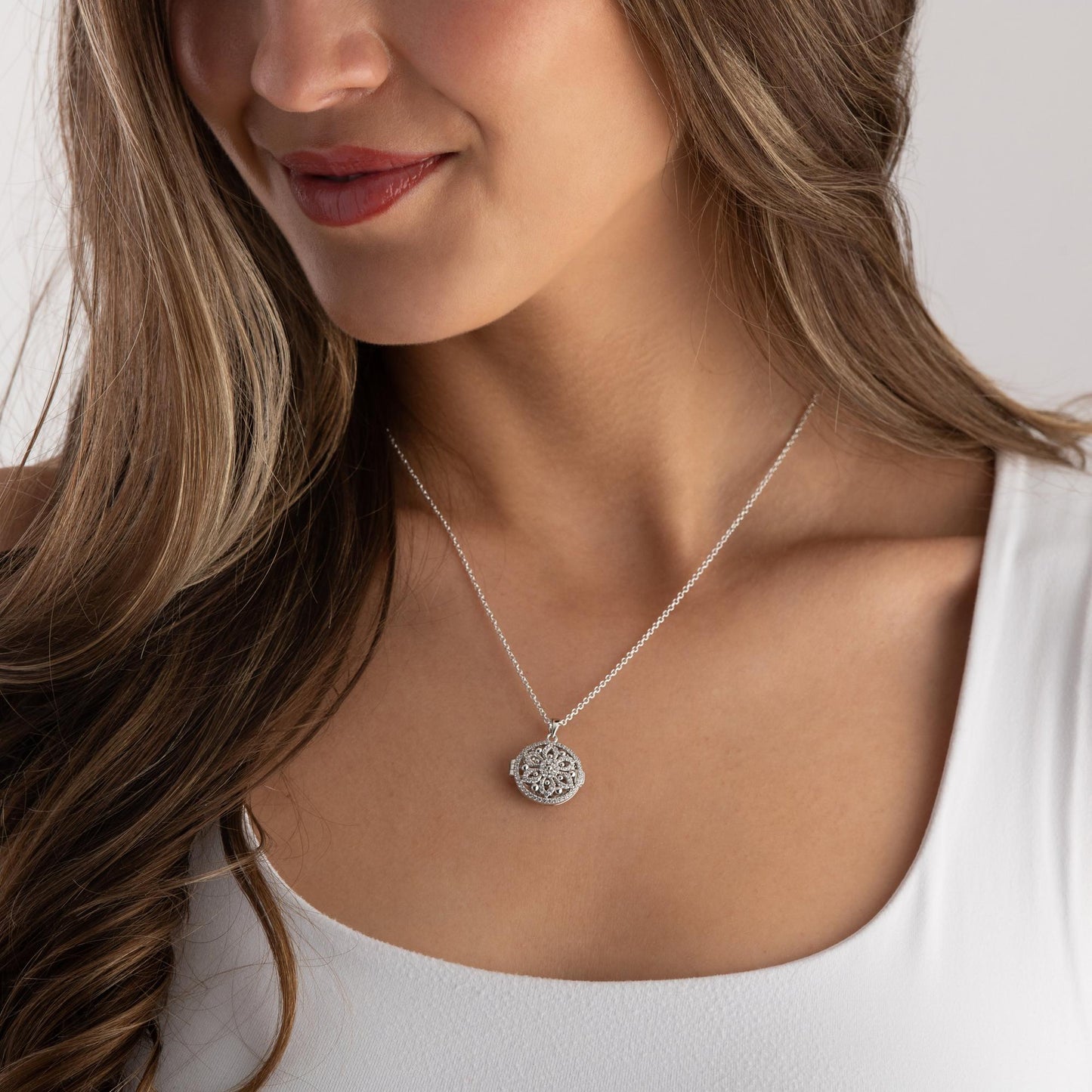 Silver Cubic Zirconia Flower Locket Pendant