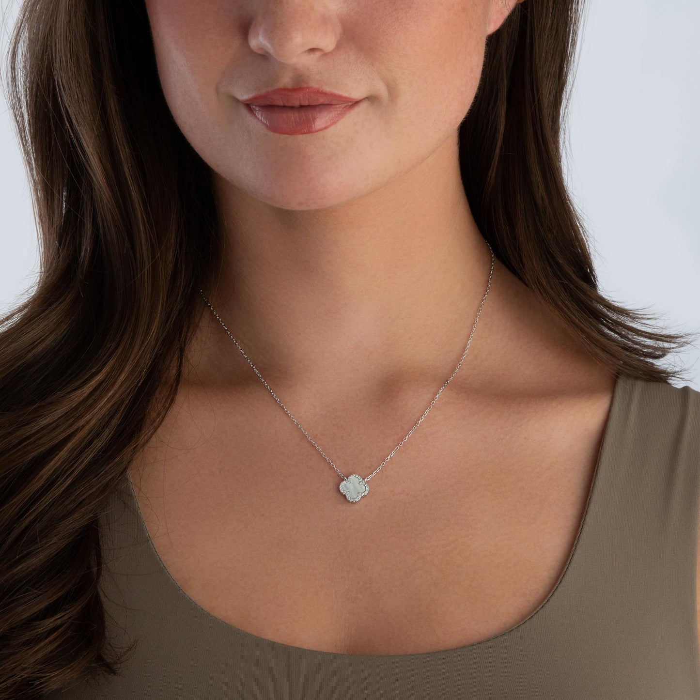 Silver CZ & Mother of Pearl Clover Necklace