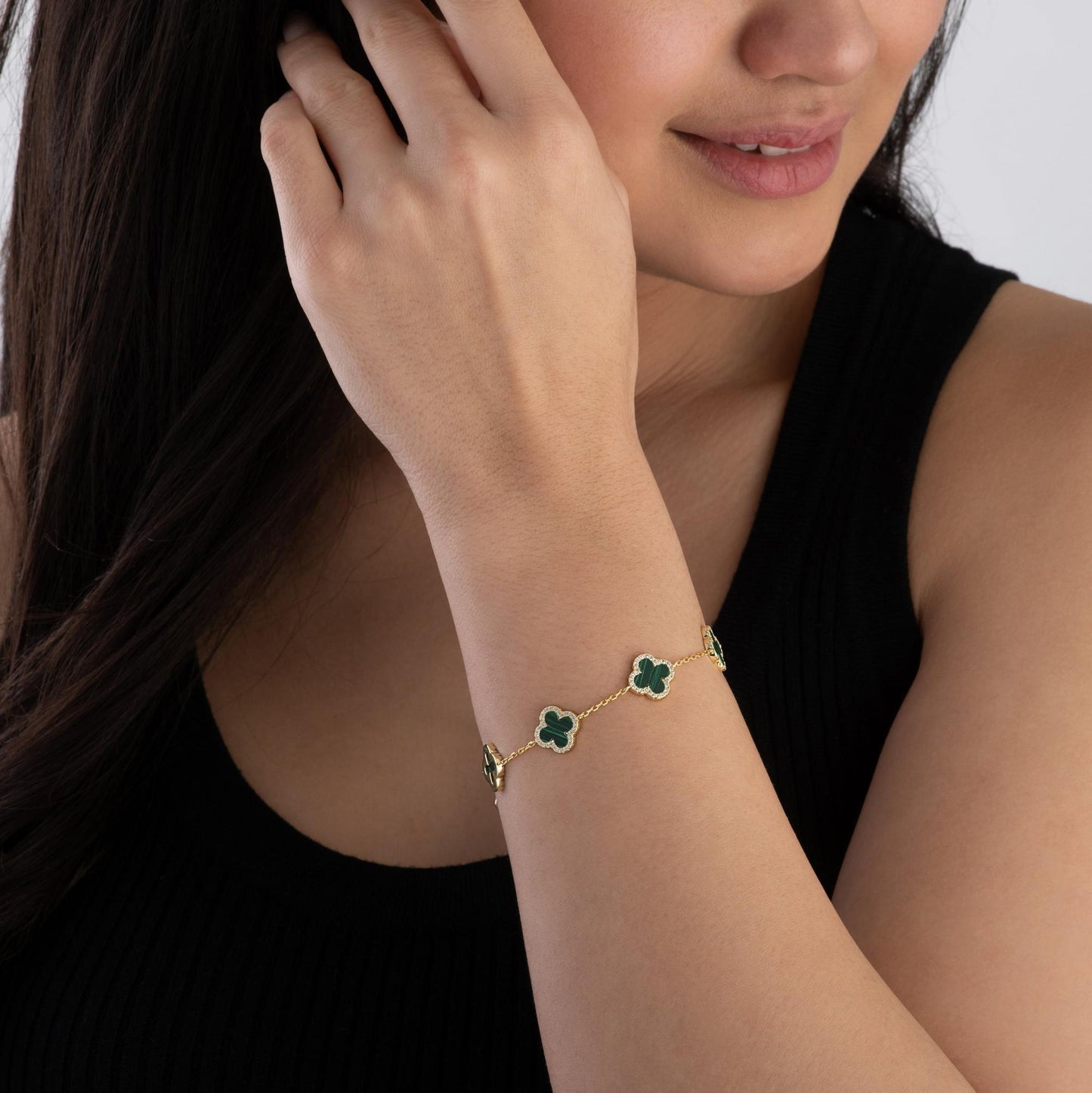 Gold Plated CZ Malachite Clover Bracelet