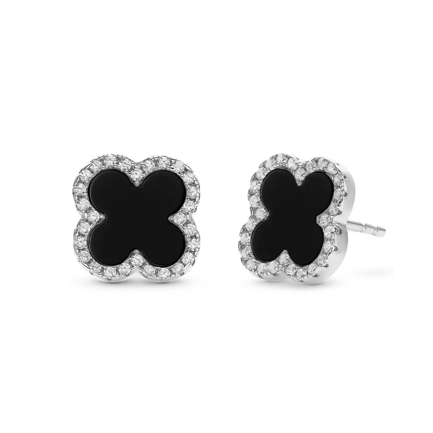 Silver CZ Onyx Clover Earrings