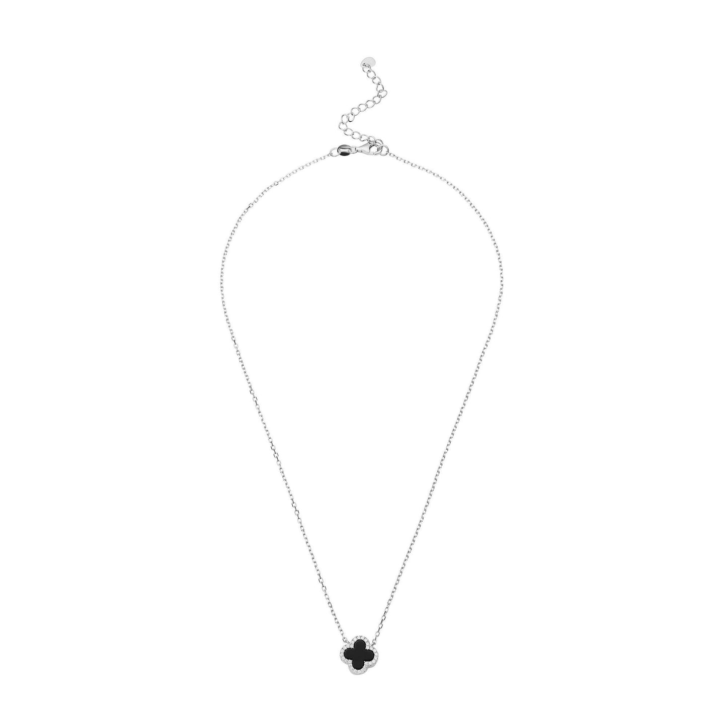 Silver CZ Onyx Clover Necklace