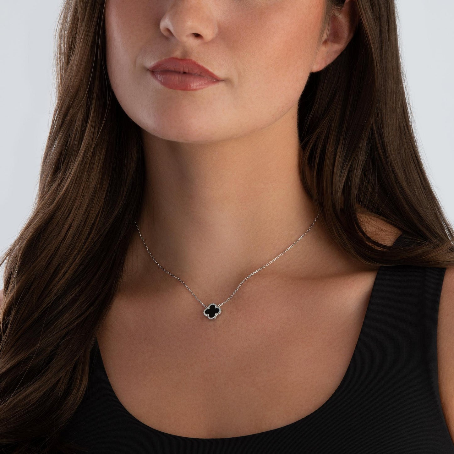 Silver CZ Onyx Clover Necklace