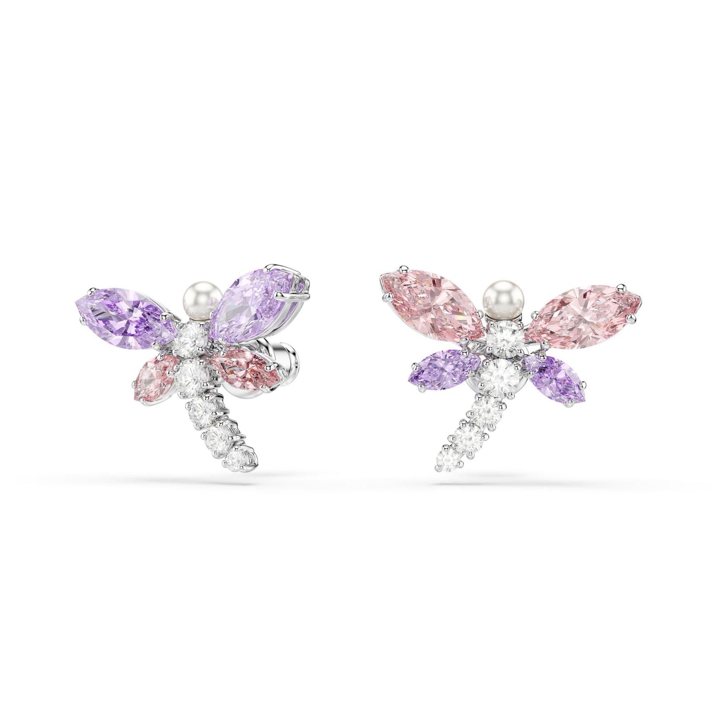 Silver Crystal Pearl and Cubic Zirconia Dragonfly Stud Earrings