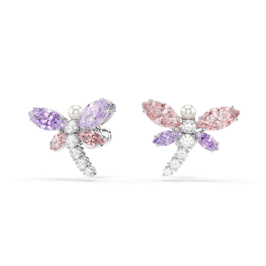 Silver Crystal Pearl and Cubic Zirconia Dragonfly Stud Earrings