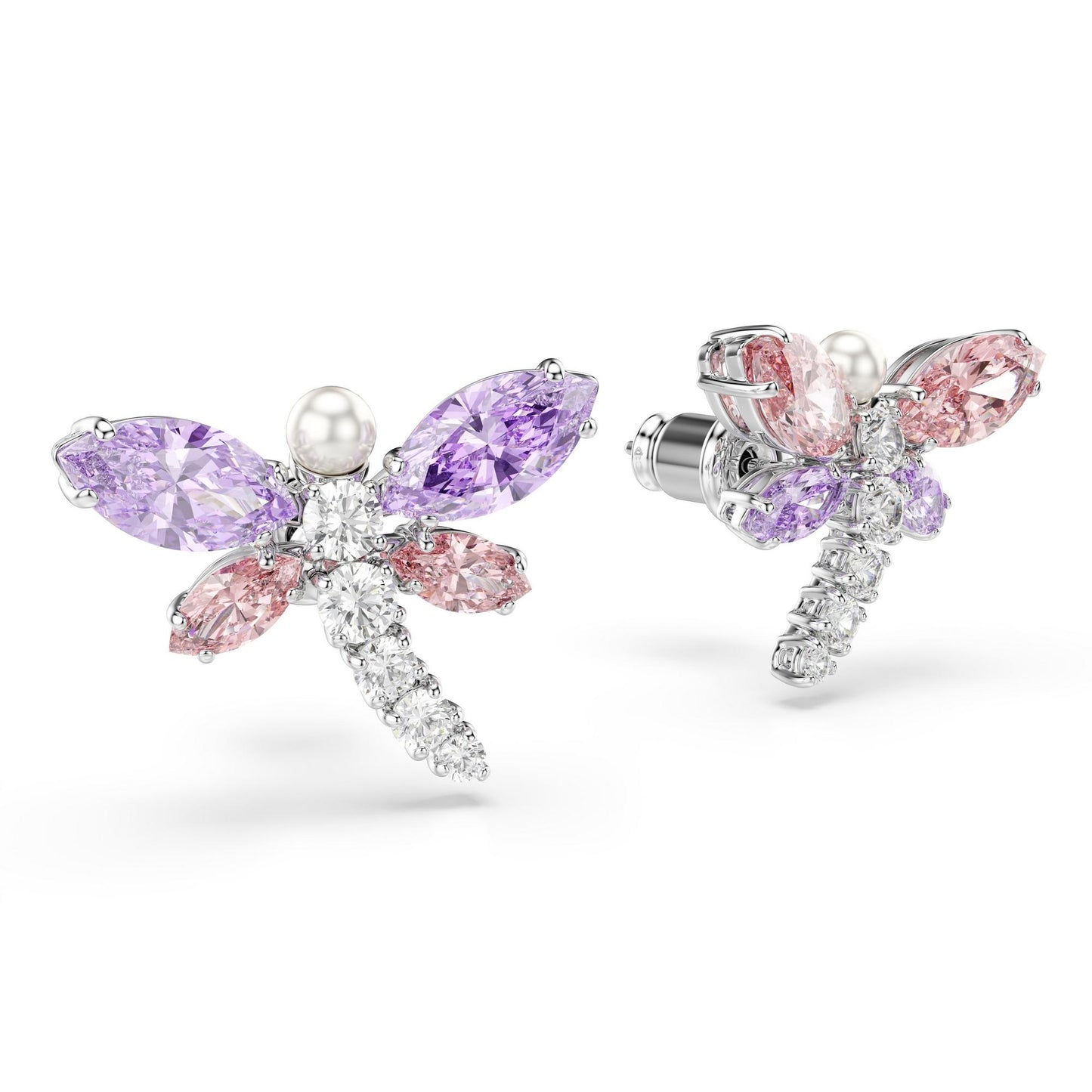 Silver Crystal Pearl and Cubic Zirconia Dragonfly Stud Earrings