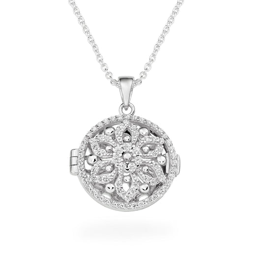 Silver Cubic Zirconia Flower Locket Pendant