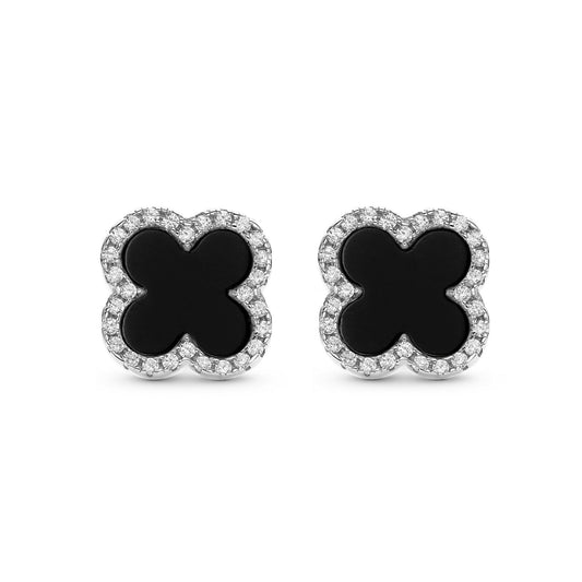 Silver CZ Onyx Clover Earrings