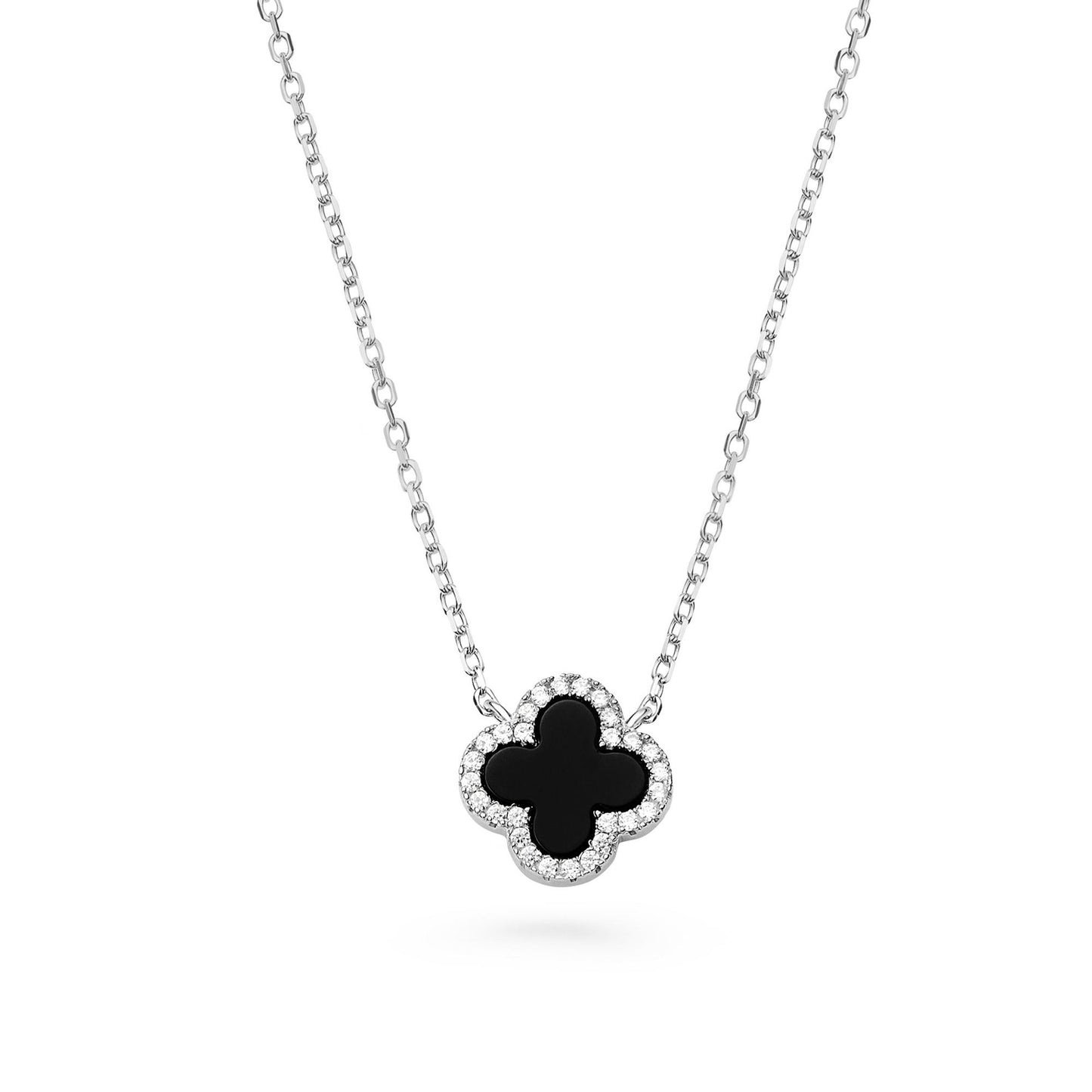 Silver CZ Onyx Clover Necklace