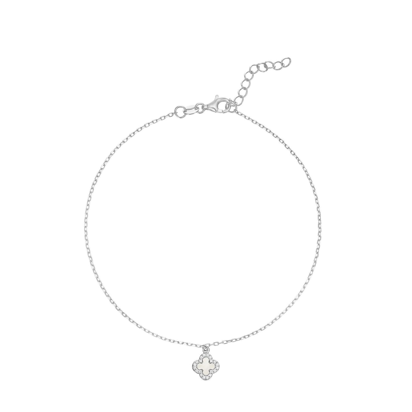 Silver CZ & Mother of Pearl Clover Anklet