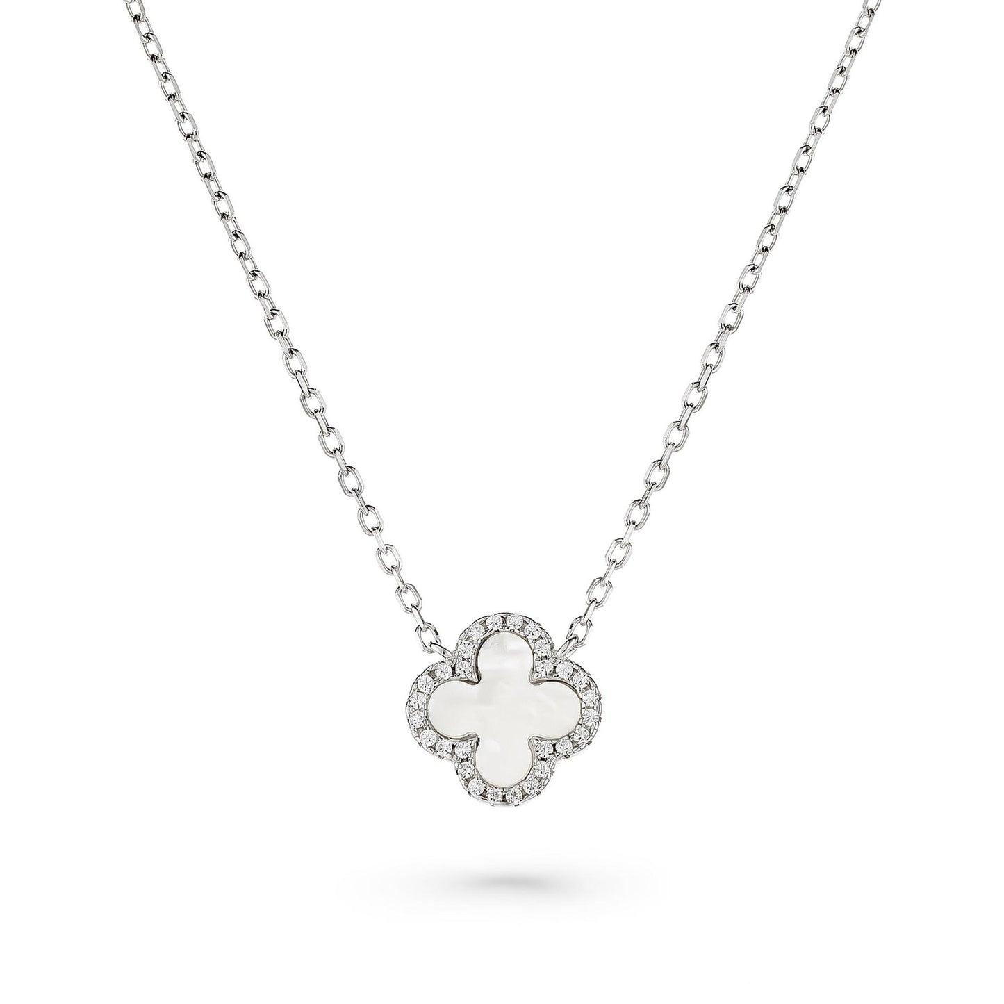Silver CZ & Mother of Pearl Clover Necklace
