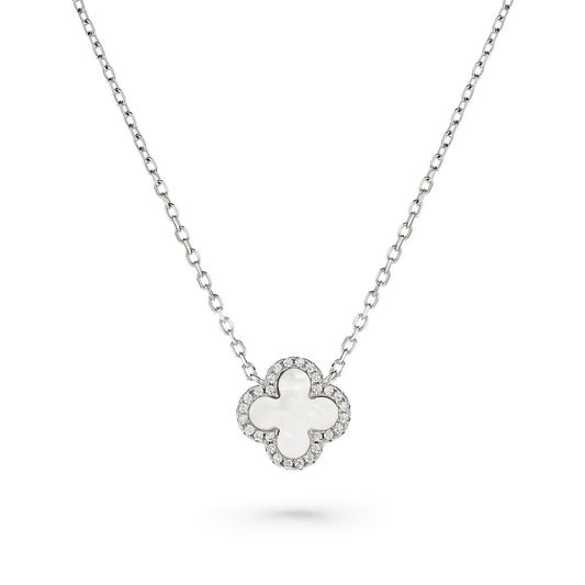 Silver CZ & Mother of Pearl Clover Necklace