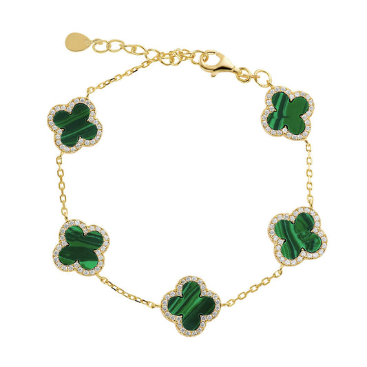 Gold Plated CZ Malachite Clover Bracelet